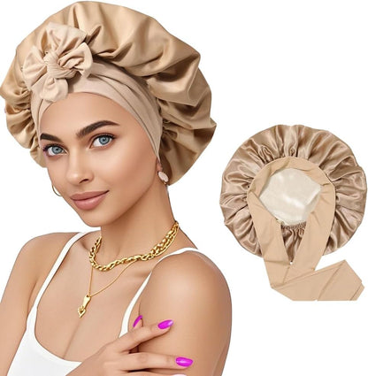 Silk Bonnet for Sleeping, Women Double Layer Satin Hair Bonnet with Elastic Tie Band Sleep Cap for Curly Hair