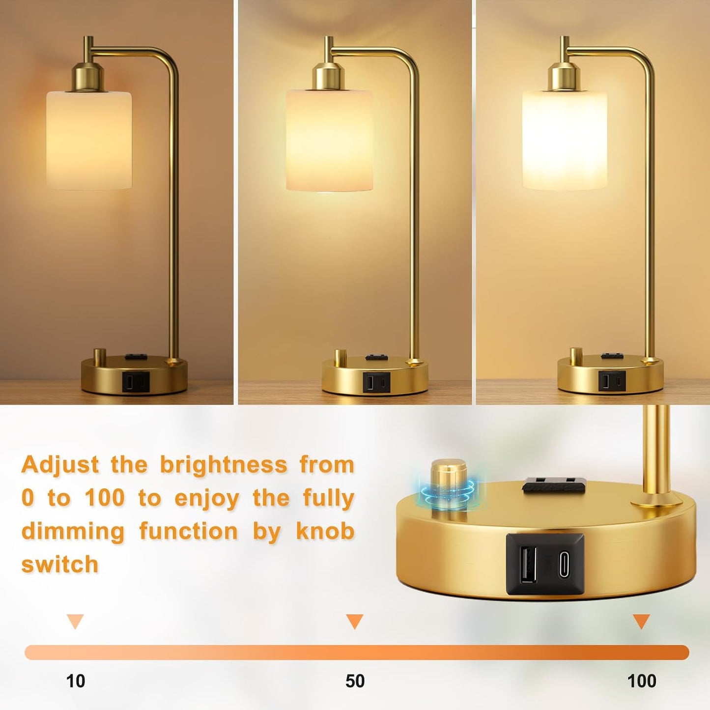Industrial Table Lamps for Bedrooms Set of 2 - Fully Dimmable Bedside Lamps with USB A and C Ports and Outlet, Black Nightstand Lamps with Glass Shade for Living Room, Desk Lamps for Office Reading
