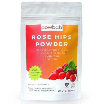 powbab Rose Hips Powder from 100% Wild Organic Rosehip. Premium Rosa Rubiginosa. Seedless Ground Rosehips from Whole Dried Rose Hips. No Added Sugar. Fair Trade (3.5 oz)