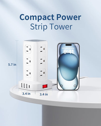 Extension Cord with Multiple Outlets, SMALLRT Power Strip Tower, Outlet Extender with 12 AC Outlets 4 USB, 6.5FT Extension Cord for Home Dorm Room, Office Supplies,Overload Protection