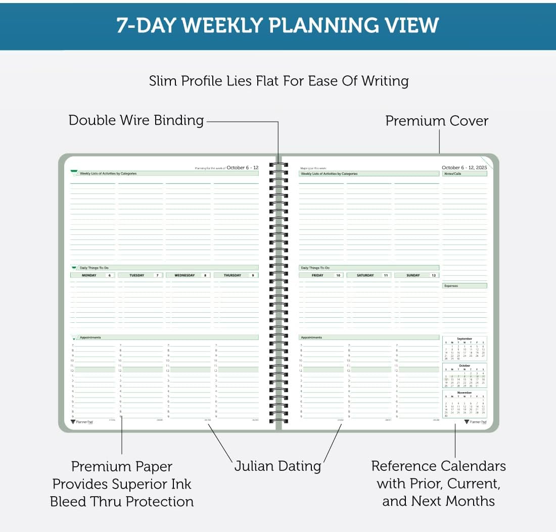 Planner Pad Spiral Bound July 2026 – June 2027 / Academic Year 8 1/2" x 11" Large 3-Tier Funnel Down 12 Month/Weekly Size Organizer, Greenish Grey Cover/Soft Green Ink