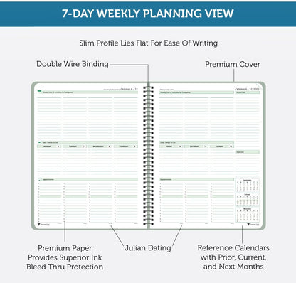 Planner Pad Spiral Bound July 2026 – June 2027 / Academic Year 8 1/2" x 11" Large 3-Tier Funnel Down 12 Month/Weekly Size Organizer, Greenish Grey Cover/Soft Green Ink