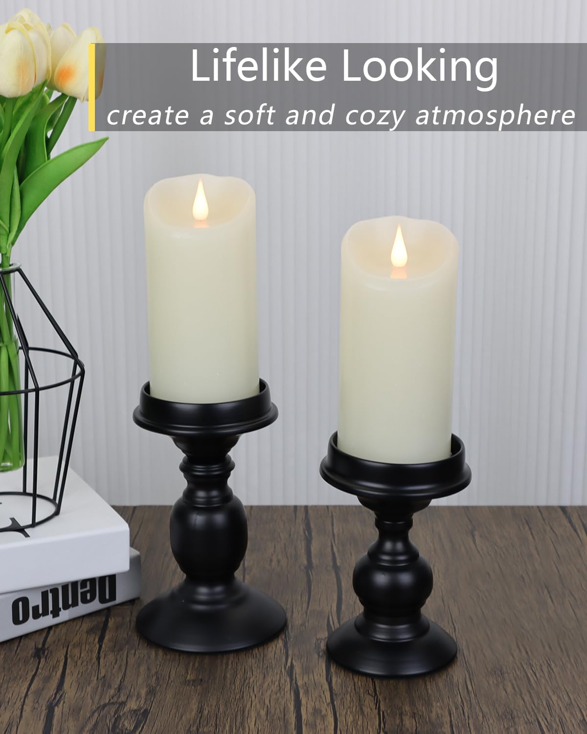 TECHLONG Flickering Flameless Candles with 3D Moving Flame, Last 1000+ Hours Battery Operated Candles with Timer, Ivory Real Wax Pillar Electric LED Candle for Wedding Christmas Party/3" x 5"