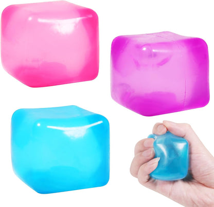 3pack Stress Cube Squishy Stress Balls for Adults Kids Fidget Toy for Your Best Mellow and Chill -Ice Cubes-Square Shape with Filling in Pink Purple Blue (3pcs Cube )