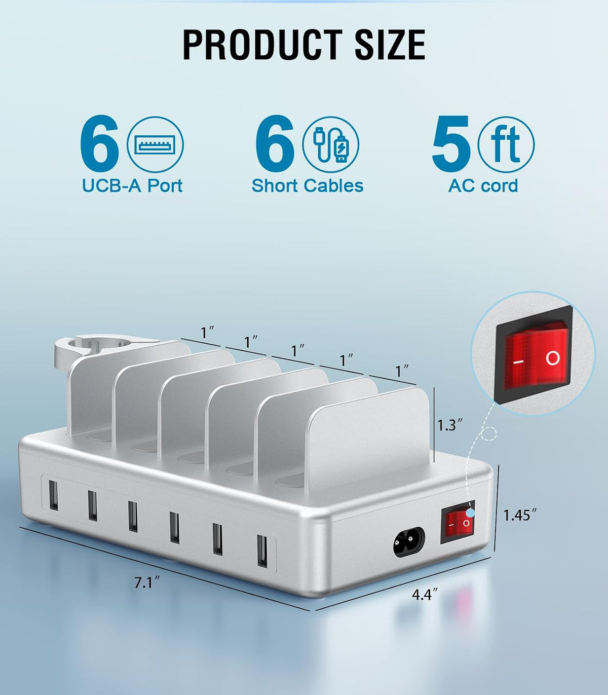 Charging Station for Multiple Devices, 50W 6 Ports Charging Dock with Stand