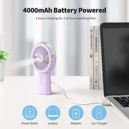 Otlonpe Handheld Misting Fan Portable, Small Personal Hand Held Rechargeable Mist Fan Water Spray, 4000mAh Battery Operated Hand Mister Fans 3-Speed, 4-15 Hrs Runtime for Travel Home Office Outdoor