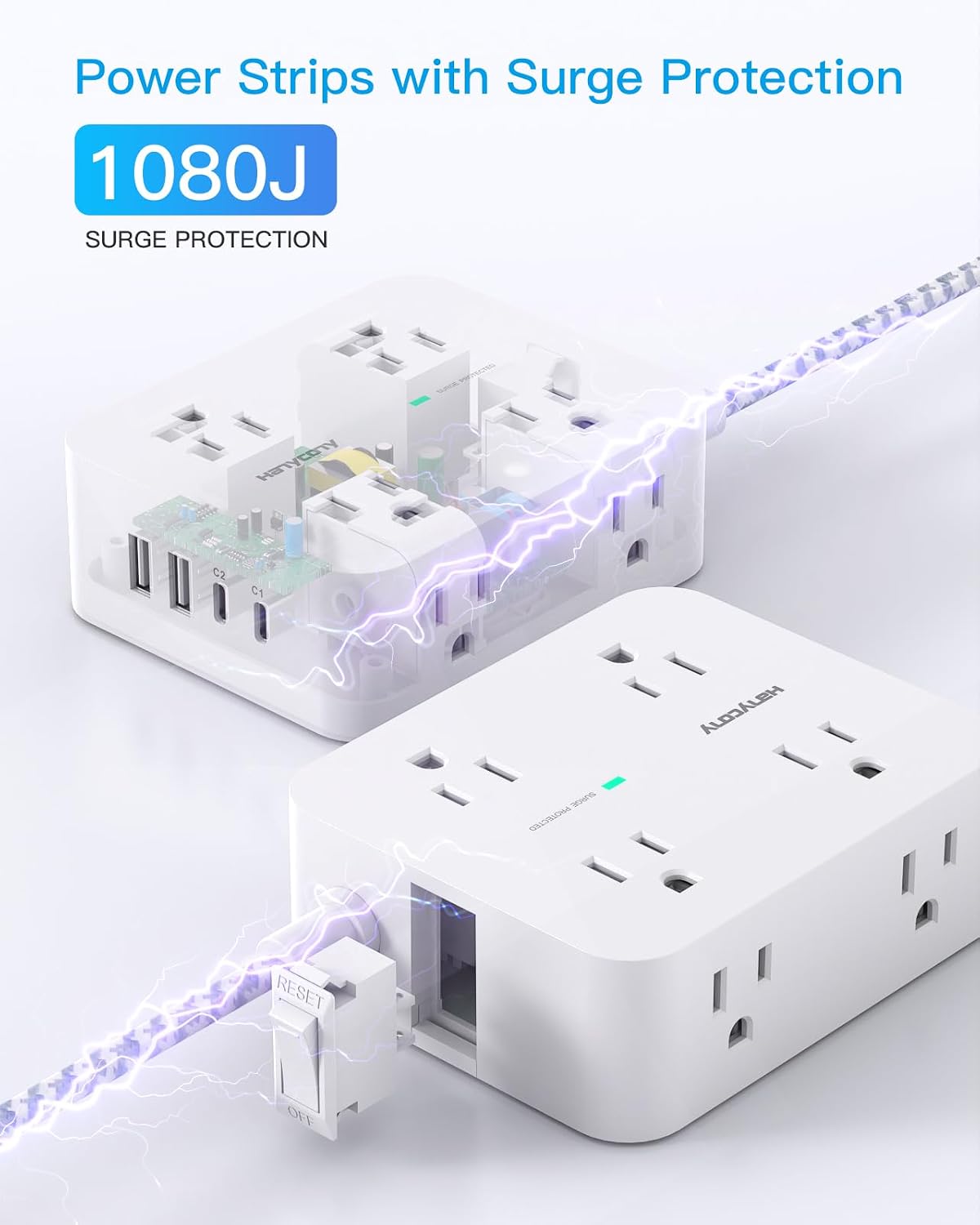 HANYCONY Surge Protector Power Strip, 1080J, 5 Ft Braided Extension Cord