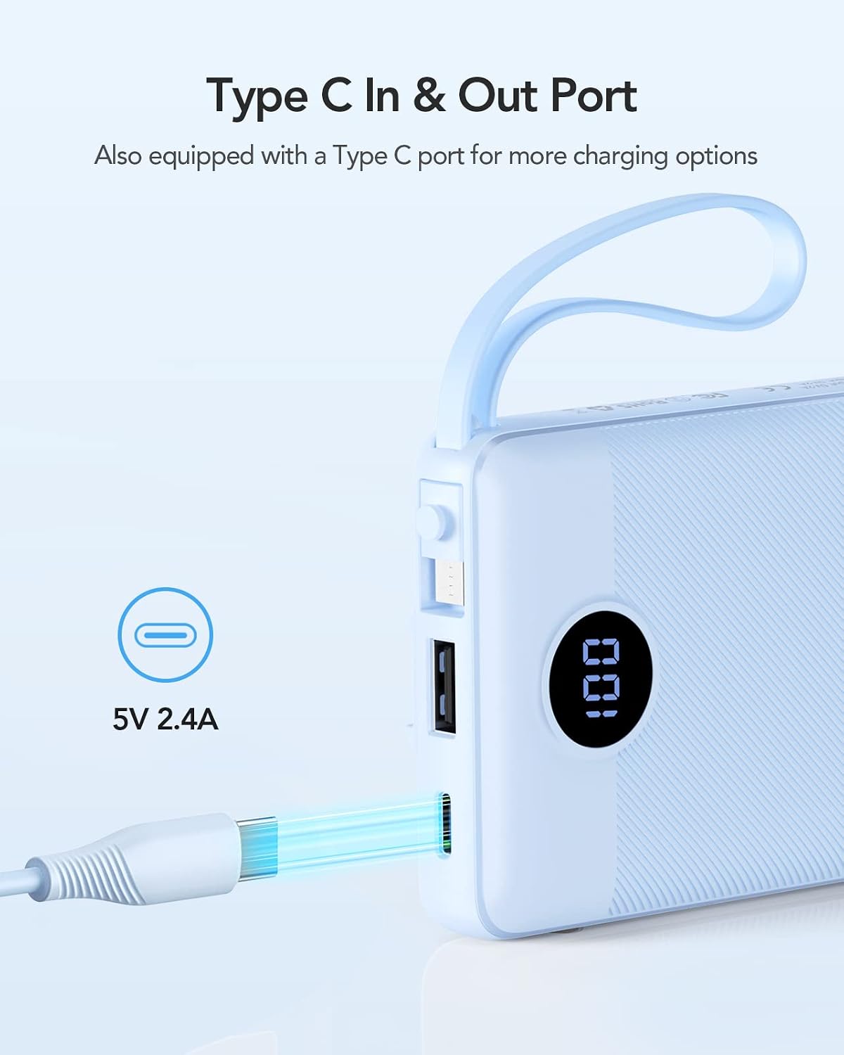 VRURC Portable Charger, Slim Power Bank Built-in 4 Cables, Travel Essential
