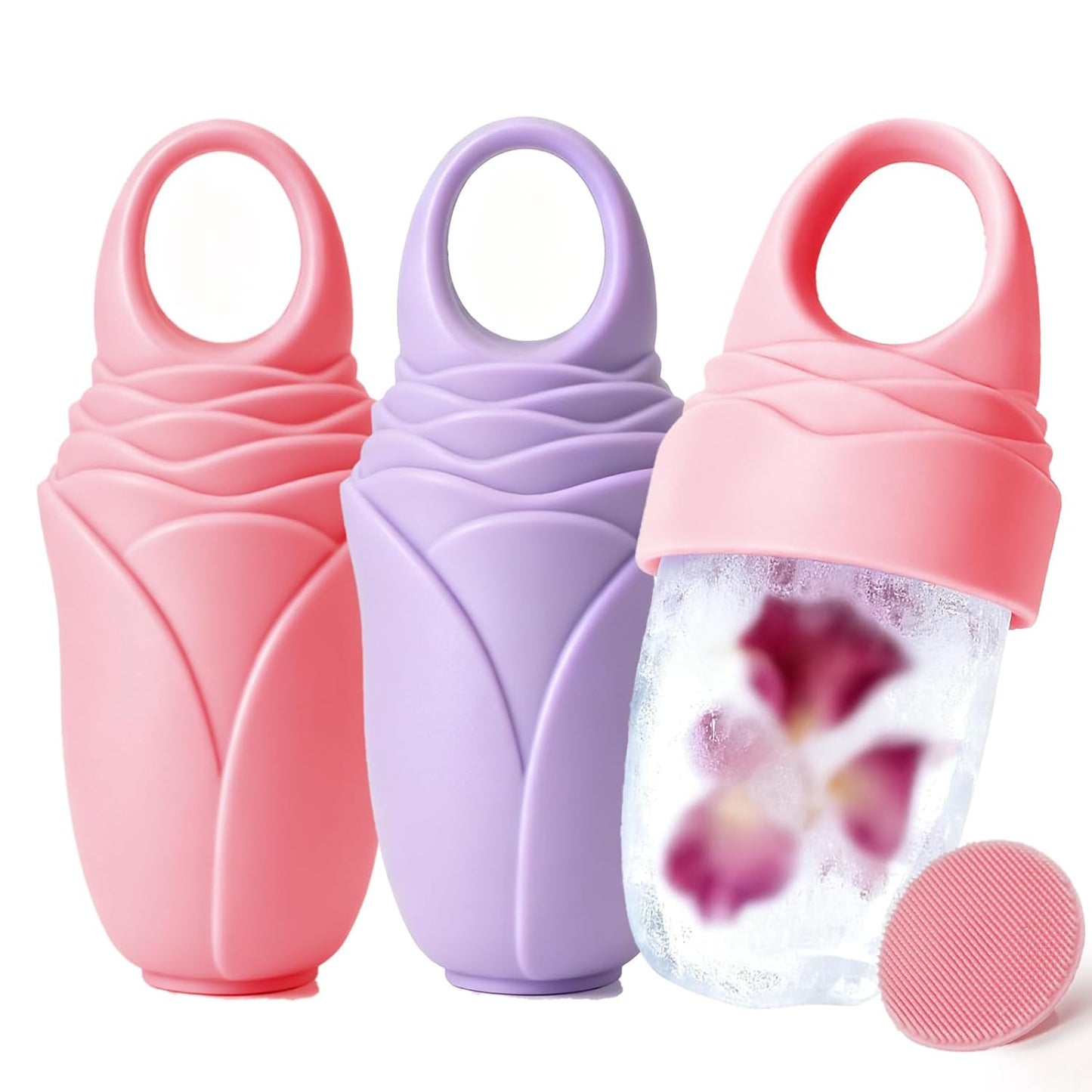 3 Pack Ice Roller for Face, Facial Ice Roller Silicone Mold Reusable for Face Women and Eye Neck Cold Skin Care Tools Freezer De Puff Eye Bags Reduce Migraine Pain Pink 1 + Purple 2