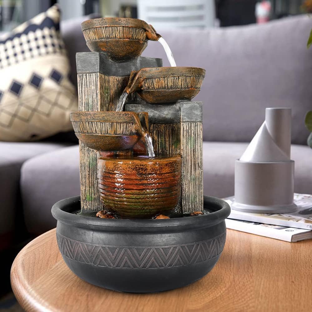 15.7" H 4-Tier Indoor Tabletop Waterfall Fountain with LED Lights Desktop Fountains Calming Sound for Home Office Decor (15.7''H)
