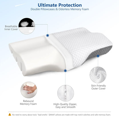 ZAMAT Memory Foam Pillow for Neck Pain Relief, Adjustable Orthopedic Ergonomic Cervical Pillow for Sleeping with Washable Cover, Bed Pillows for Side, Back, Stomach Sleepers