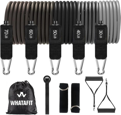 WHATAFIT Resistance Bands, Exercise Bands, Workout Bands with Handles, Door Anchor and Ankle Straps, 5 Resistance Levels Fitness Bands for Strength Training, Physical Therapy, and Home Gym Equipment