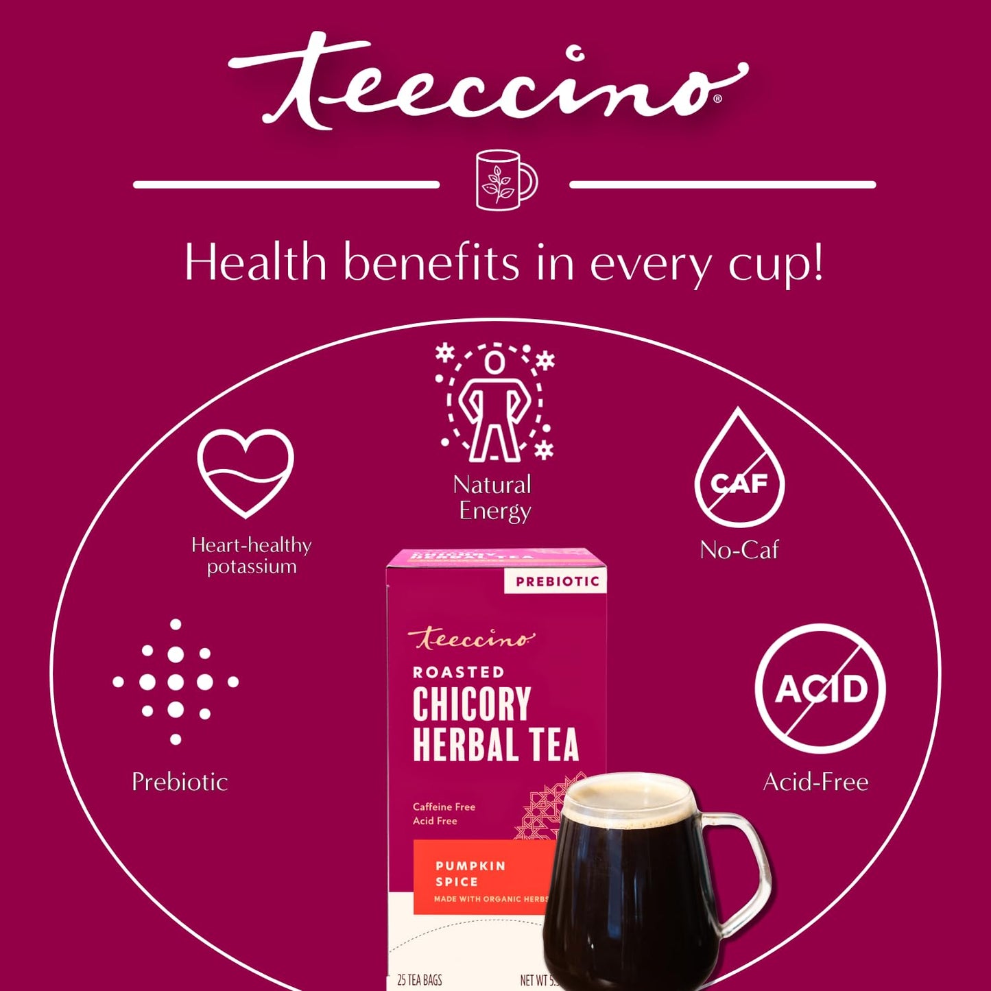 Teeccino Holiday Herbal Tea Sampler Assortment - Candy Cane, Gingerbread, Snickerdoodle - Caffeine-Free Holiday Dessert Teas with Prebiotic Chicory, 12 Tea Bags