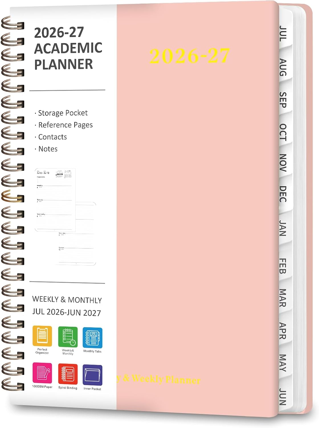 Planner 2026-2027, Weekly and Monthly Calendar Planner, JUL 2026 - JUN 2027 | Academic Year, Daily Agenda Book, A5(6.3'' x 8.5''), Sprial Bound, Inner Pocket, Office School Use