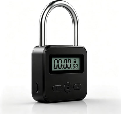 Metal Timer Lock - Electronic Time Padlock with LCD Display - USB Rechargeable (Black)