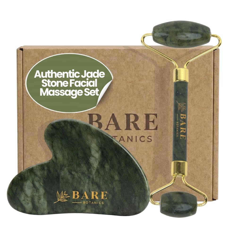 BARE BOTANICS Jade Gua Sha & Face Roller Set | Authentic Jade Facial Tools for Puffiness, Lymphatic Drainage & Glowing Skin | Dual Skincare Depuff Set | Vegan & Cruelty-Free