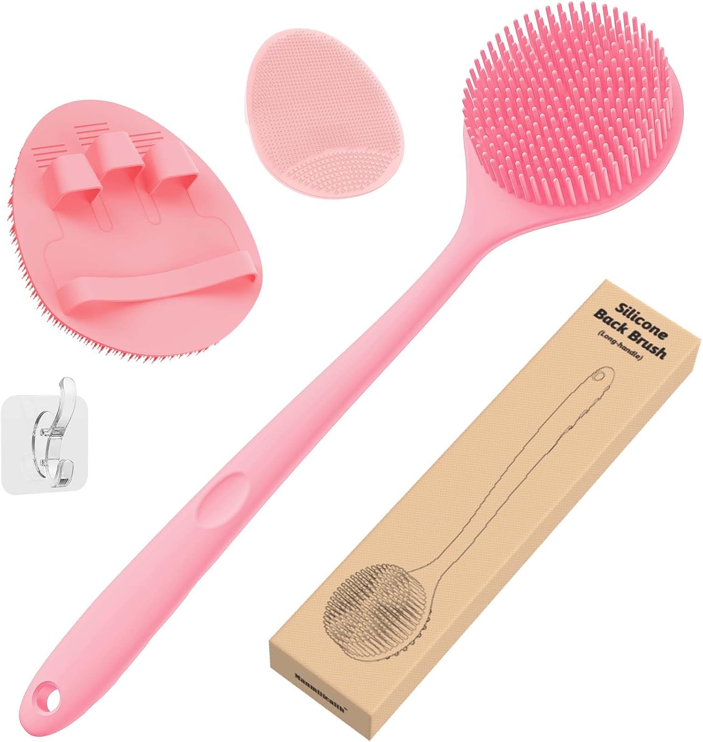 Manmihealth Silicone Back Scrubber (Thick Bristles) & Bath Glove & Face Brush Set (3PCS), Super-Exfoliating & Lathering Body Scrubber, Shower Brush, Face Scrubber Combination, with a Free Hook (Black)