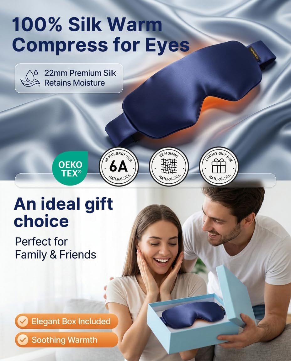 Heated Eye Mask for Dry Eyes, USB Powered Silk Warm Eye Compress & Eye Heating Pad, Washable Dry Eye Mask with 3 Heat & 4 Timer Settings for Blepharitis Stye Migraine Sinus MGD Puffiness（Blue）