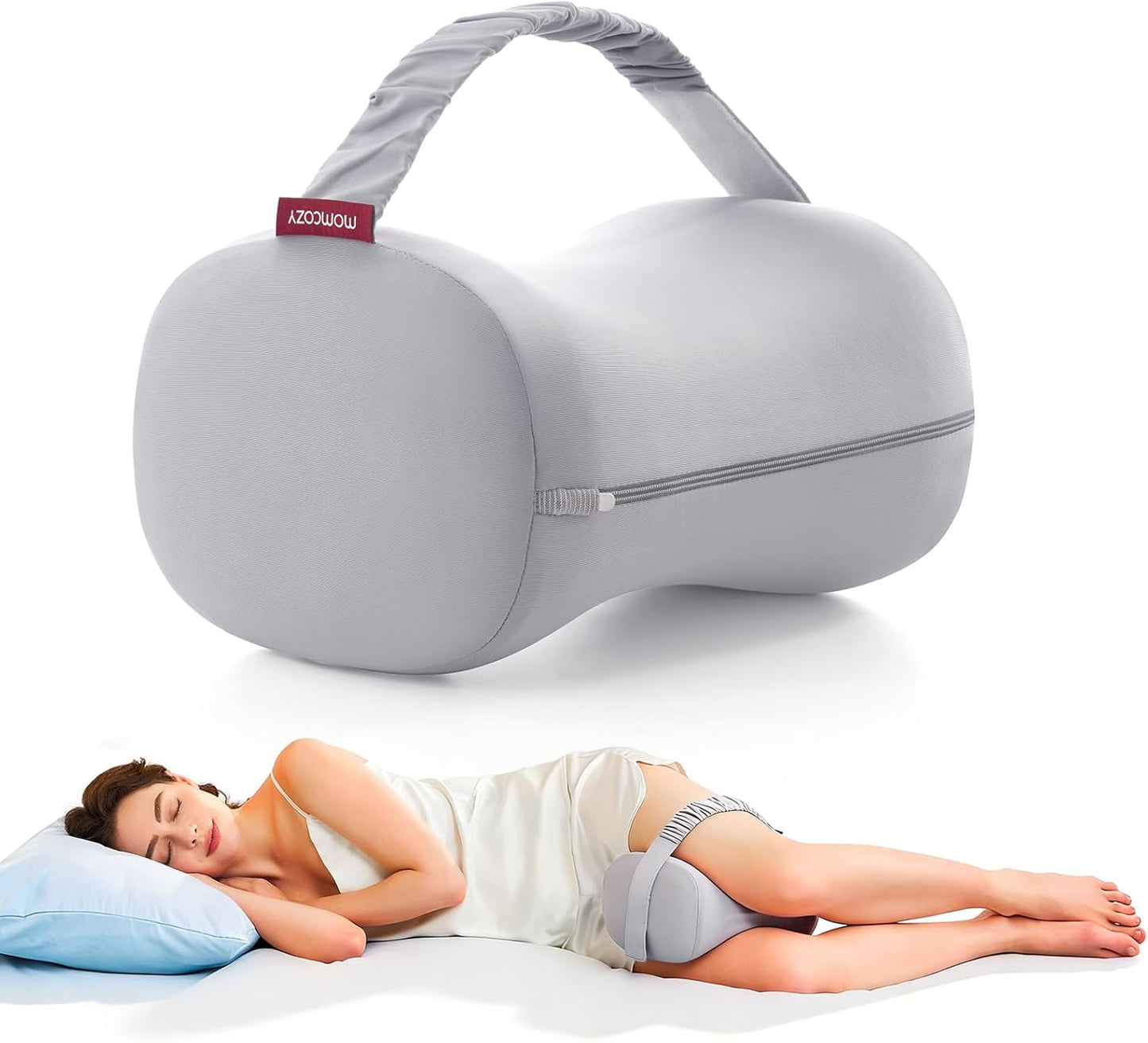 Momcozy Knee Pillow for Side Sleepers, Soft Memory Foam & Pinch-Free Design, Relieve Knee, Leg and Sciatica Pain, Adjustable Elastic Strap Ideal for Pregnant Women and Seniors, White