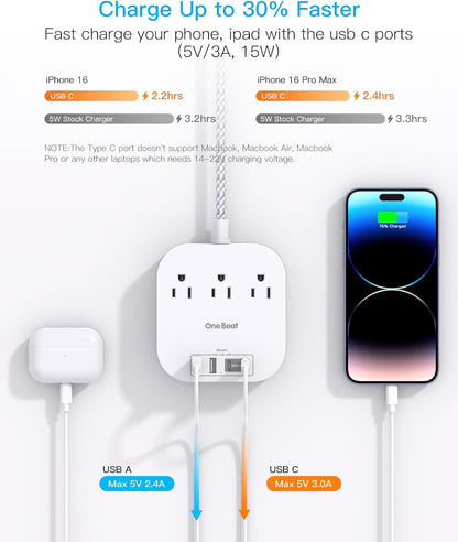 One Beat Power Strip with USB C, 3 Outlets 4 USB Ports (22.5W/4.5A), 6ft