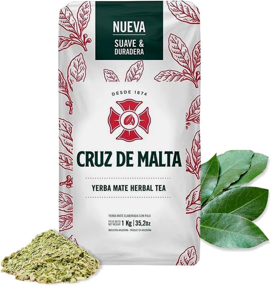 Cruz de Malta Yerba Mate Tea – 1kg (2.2 lbs) Loose Leaf – Traditional Argentine Herbal Tea – Smooth Flavor, Naturally Sourced – USA Specific Packaging – Gluten-Free – Large Leaf Low Dust Yerba Mate