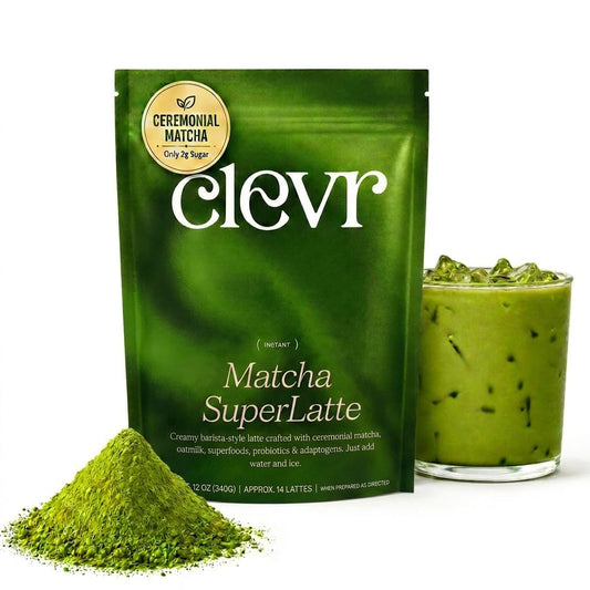 Clevr Matcha Latte, Instant Ceremonial Grade, Superfood Powder Blend with Lions Mane, Reishi Mushroom, Coconut Cream, Ashwagandha, Serve Hot or Iced, (14 Lattes)
