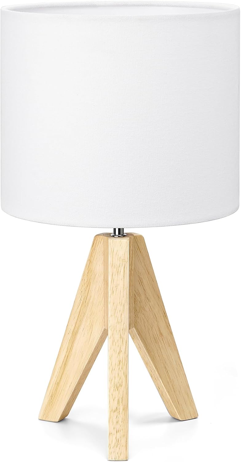 EDISHINE Tripod Table Lamp, Small Cute Bedside Lamp with Linen Beige Lampshade, Nightstand Lamp for Nursery, Bedroom, Kid Room, Living Room, Light Brown Wooden Base, E26 Socket, 14.2 Inch