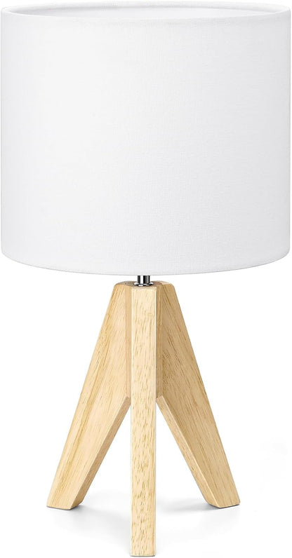 EDISHINE Tripod Table Lamp, Small Cute Bedside Lamp with Linen Beige Lampshade, Nightstand Lamp for Nursery, Bedroom, Kid Room, Living Room, Light Brown Wooden Base, E26 Socket, 14.2 Inch
