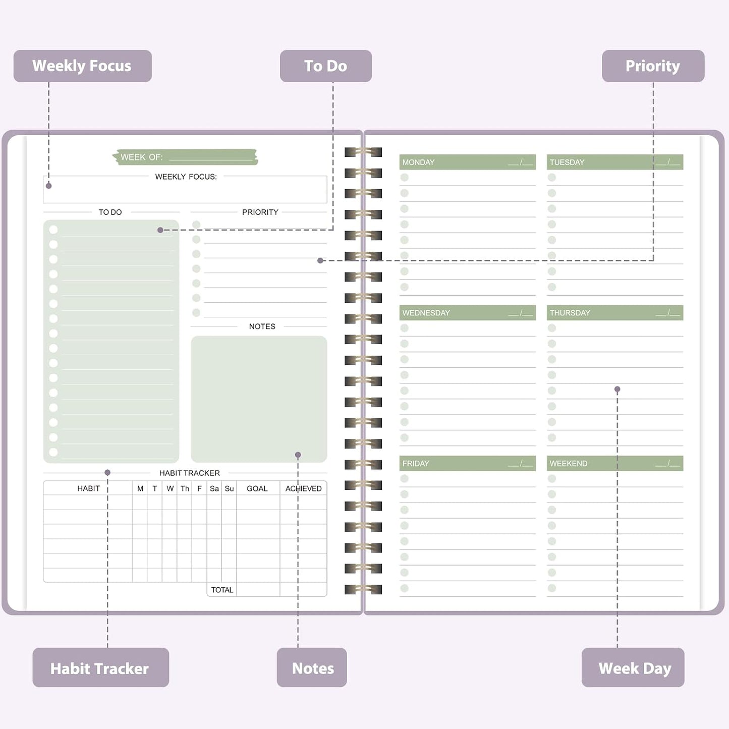 Undated Weekly Planner, Weekly To Do List Notebook, A5 Daily Planner | Office School Supplies, Spiral Binding, Inner Pocket, Goal, Organizer, Habit Tracker