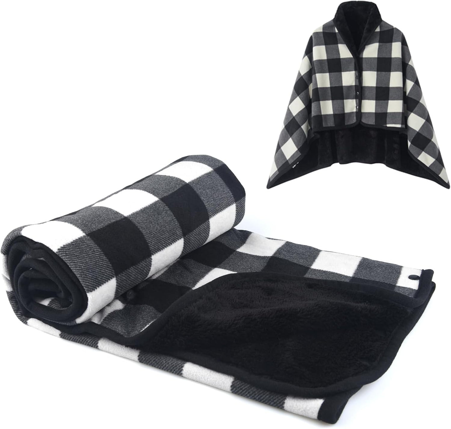 forestfish Fleece Wearable Blanket, Plaid Lap Blanket Comfy Poncho Throw with Buttons for Bed Sofa Office, Grey-White