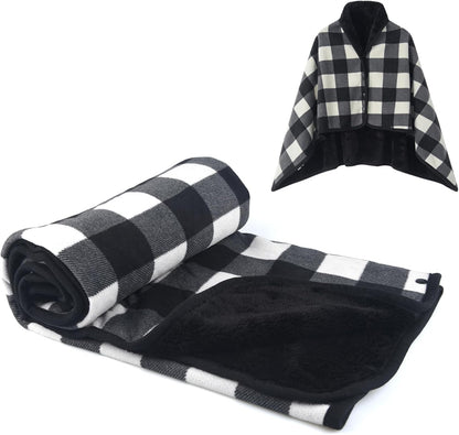 forestfish Fleece Wearable Blanket, Plaid Lap Blanket Comfy Poncho Throw with Buttons for Bed Sofa Office, Grey-White