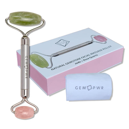 Amethyst + Jade Roller for Face and Neck Massage, Dual Gemstones with Durable Steel Handle and Travel Bag. Minimize Wrinkles, Reduce Puffiness and Restore Skin's Elasticity and Radiance