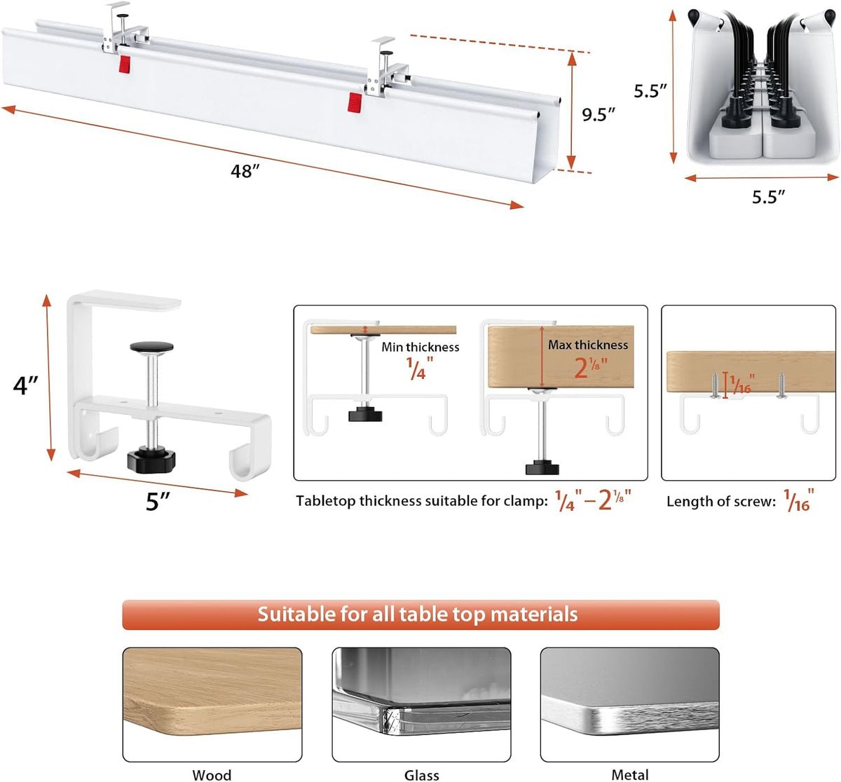 Univivi No Drill Under Desk Cable Management Tray, 36 inch Cable Management