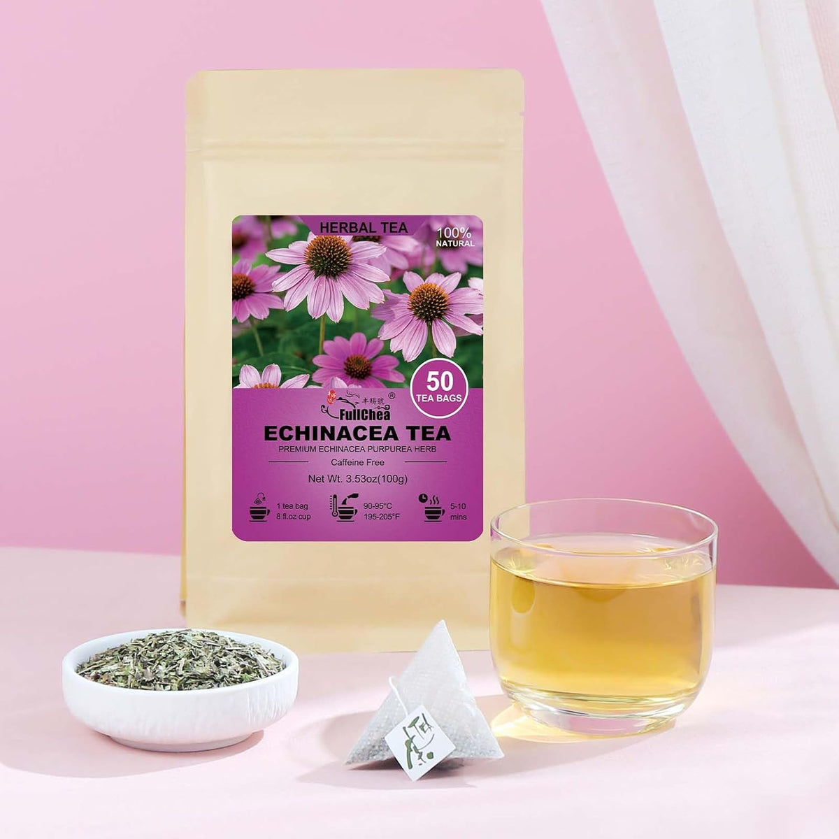 FullChea - Echinacea Tea Bags, 50 Count Dried Echinacea Purpurea Tea