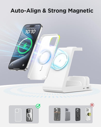 Charging Station for iPhone,5 in 1 Wireless Charger Stand Dock for Apple: Mag-Safe Charging Station for Multiple Devices Apple iPhone 17 16 15 14 13 12 Pro Max Plus Apple Watch iWatch Magnetic(White)