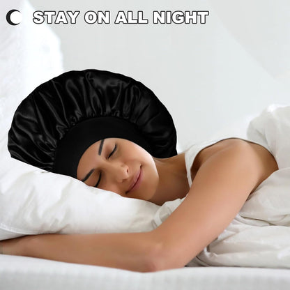 Extra Large Satin Bonnet Hair Cap for Women Men | 17inches, Jumbo Silk Sleep Cap, Wide Elastic Band for Braids Curly Hair Locs, Black
