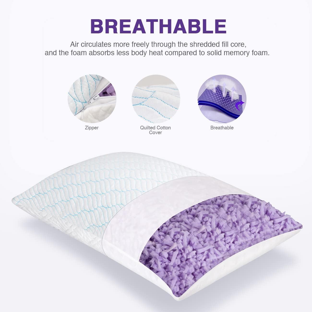 WISHSMILE Cooling Shredded Memory Foam Pillows Queen Size Set of 2 | Neck comfort, firm support, odorless, cooling, customizable height, machine washable, CertiPUR-US hypoallergenic bed pillow
