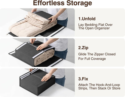 DIMJ Bed Sheet Organizers and Storage - Foldable Sheet Holder, Linen Closet Organizer Box for Sheets Set, Bedding, Blankets, Towel (King & Queen Size), Grey