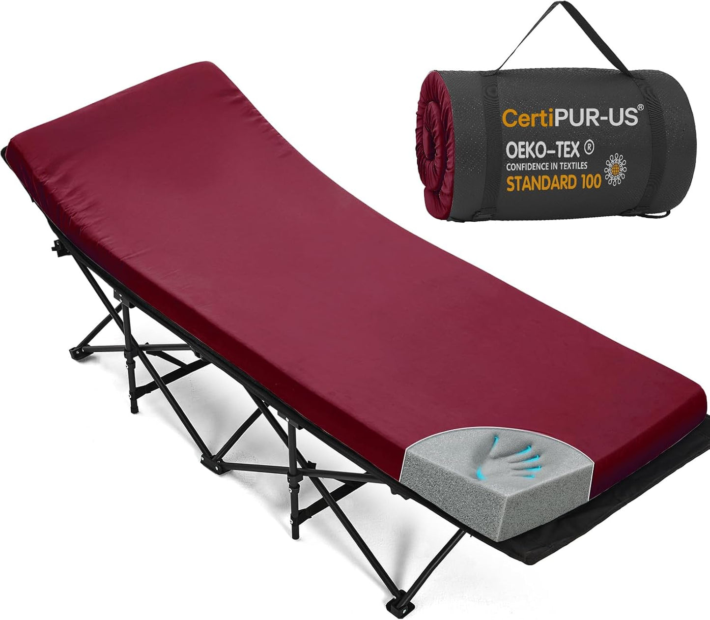 CYMULA Camping Cot Pad 2 Inch Memory Foam, Camping Pad for Folding Cot and Foldable Cot, Portable Roll Up Camp Gear for Car Camping Travel Tent, Non-Slip Waterproof Bottom, Removable Cover, Pad Only