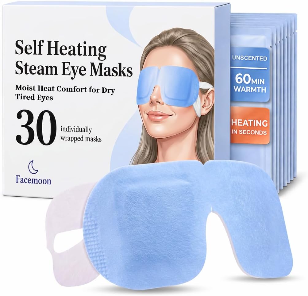 FACEMOON 30 Pack Self-Heating Steam Eye Masks for Dry Eyes: Moist Heat Warm Compress for Stye Fast Relief & Digital Eye Strain, Disposable Heated Eye Mask, No Microwave Needed, Unscented Travel Ready