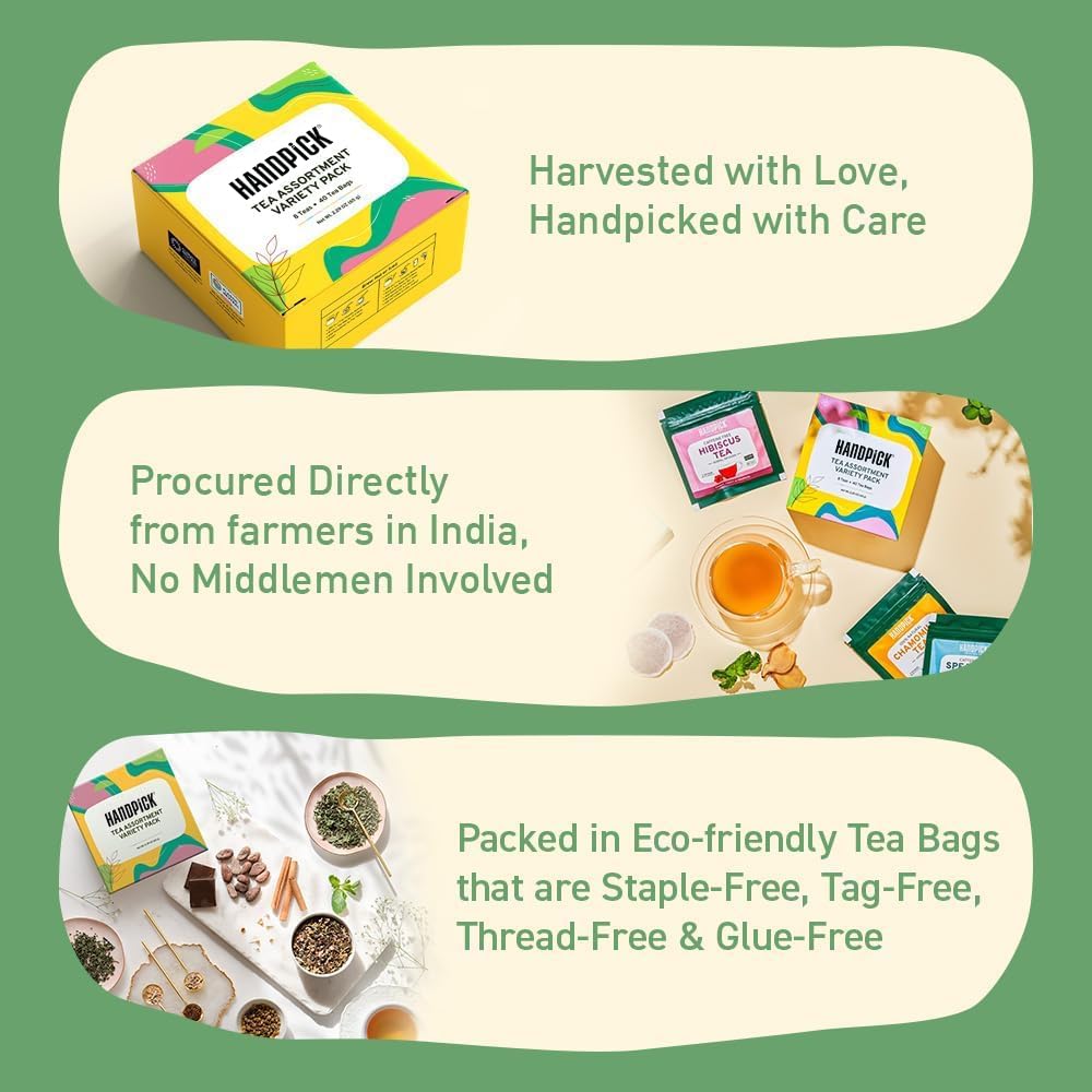 HANDPICK, Tea Bags Sampler Assortment Variety pack (8 Flavors, 40 Tea Bags)