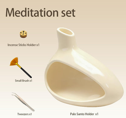 Palo Santo Holder, Ceramic Incense Burner for Sticks Sage Holders Cone Burning Smudge Bowl with Ash Brush for Meditation Yoga Spa Room Decor (White)
