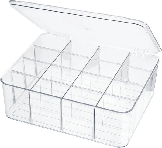 ZEXALOR Clear Tea Bag Organizer, Dresser Organizers Drawer Organzier Storage Container with Removable Dividers, Plastic Storage Bin with Lid, Organizer for Scarves Ties Bras