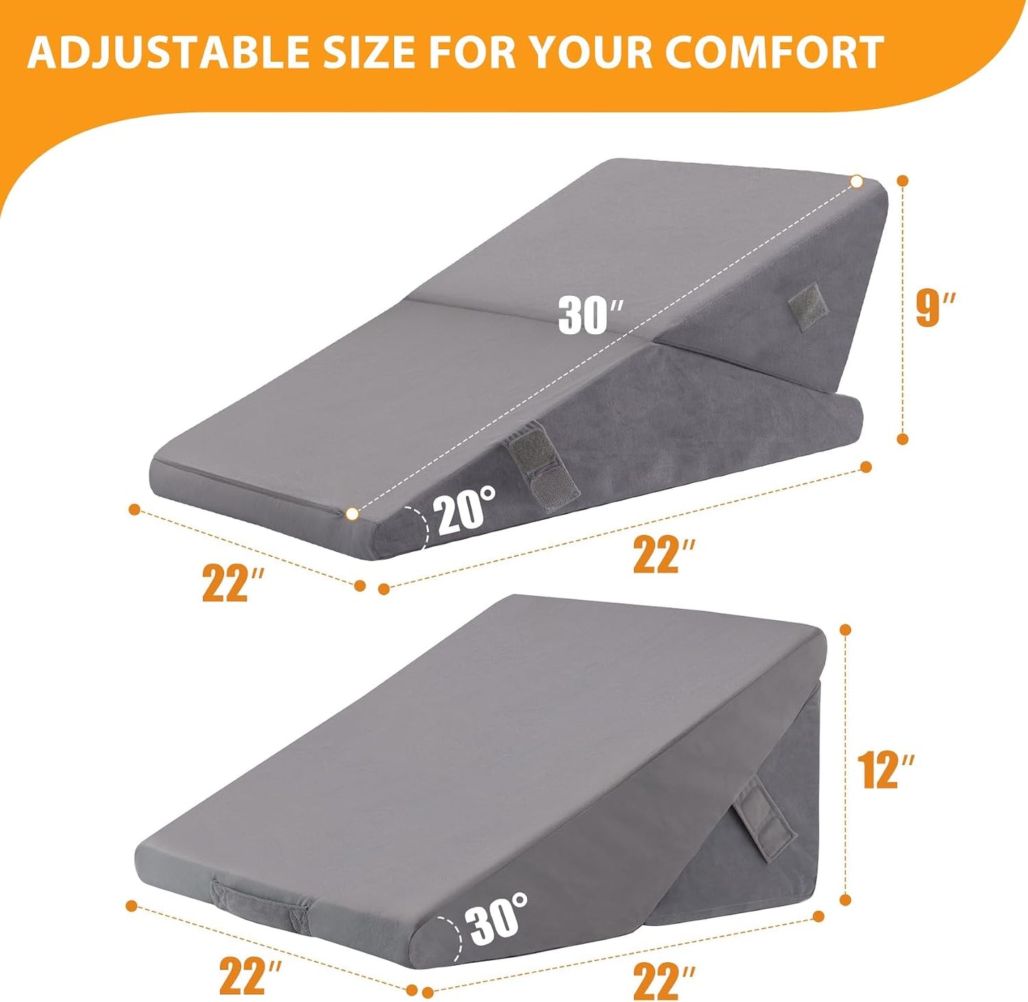 Ruqmuis Wedge Pillow Set for After Surgery, 3PCS Adjustable 9&12 Inch Bed Wedge Pillow for Sleeping, Incline Pillow Wedge for Headboard, Post Surgery, Acid Reflux, Neck&Back Support, White/Grey