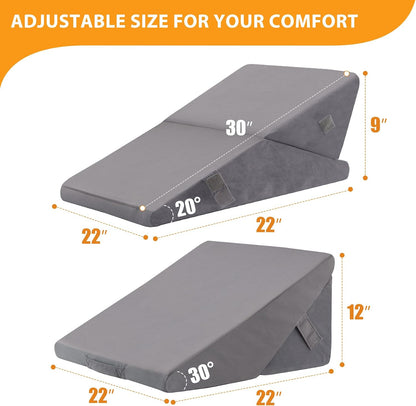 Ruqmuis Wedge Pillow Set for After Surgery, 3PCS Adjustable 9&12 Inch Bed Wedge Pillow for Sleeping, Incline Pillow Wedge for Headboard, Post Surgery, Acid Reflux, Neck&Back Support, White/Grey