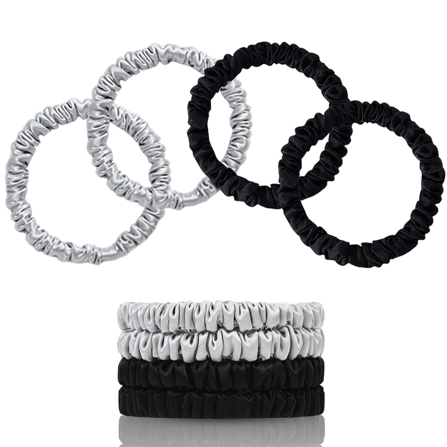 22 Momme 100% Pure Mulberry Silk Scrunchies (4 PCS) - Small Hair Elastics and Ties for Women, Sleep Hair Care, No Damage, Black