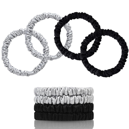 22 Momme 100% Pure Mulberry Silk Scrunchies (4 PCS) - Small Hair Elastics and Ties for Women, Sleep Hair Care, No Damage, Black