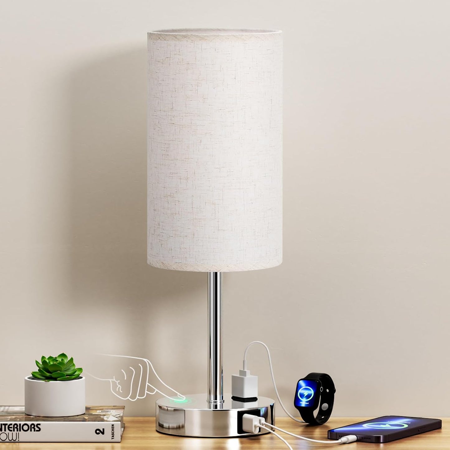 Dicoool Touch Table Lamp for Bedroom, 3 Way Dimmable Bedside Lamp with USB C & A Charging Ports - Small Desk Lamp for Dorm Room, College, Kids, Office, Living Room, White