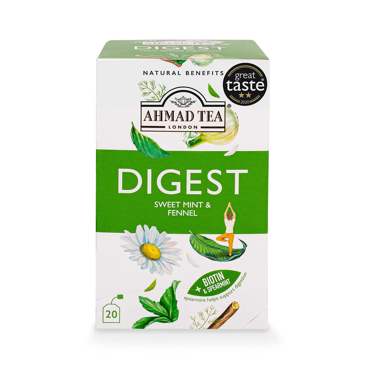 Ahmad Tea Herbal Tea, Sweet Mint, Fennel & Biotin 'Digest' Natural Benefits Teabags, 20 ct (Pack of 1) - Decaffeinated & Sugar-Free