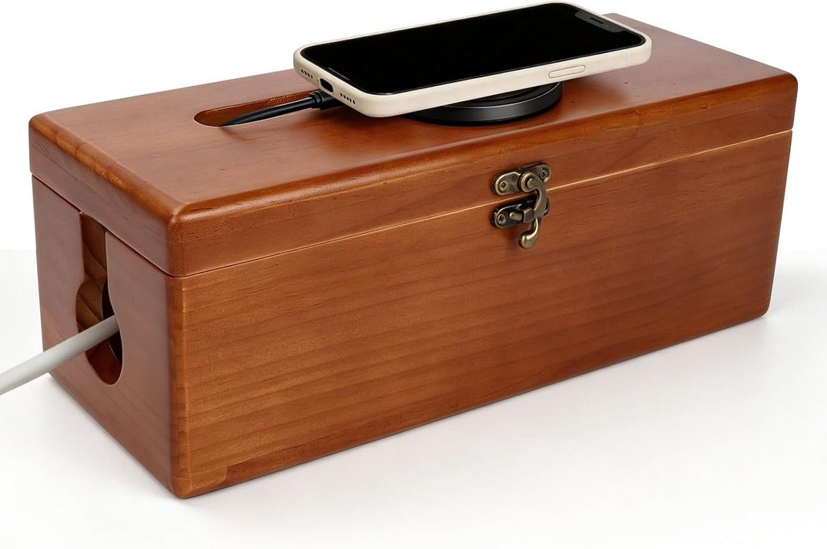Large Cable Management Box with Clasp, Soild Wood Cord Box with 4 Open Slots, Cable Box to Hide Cords and Power Strip